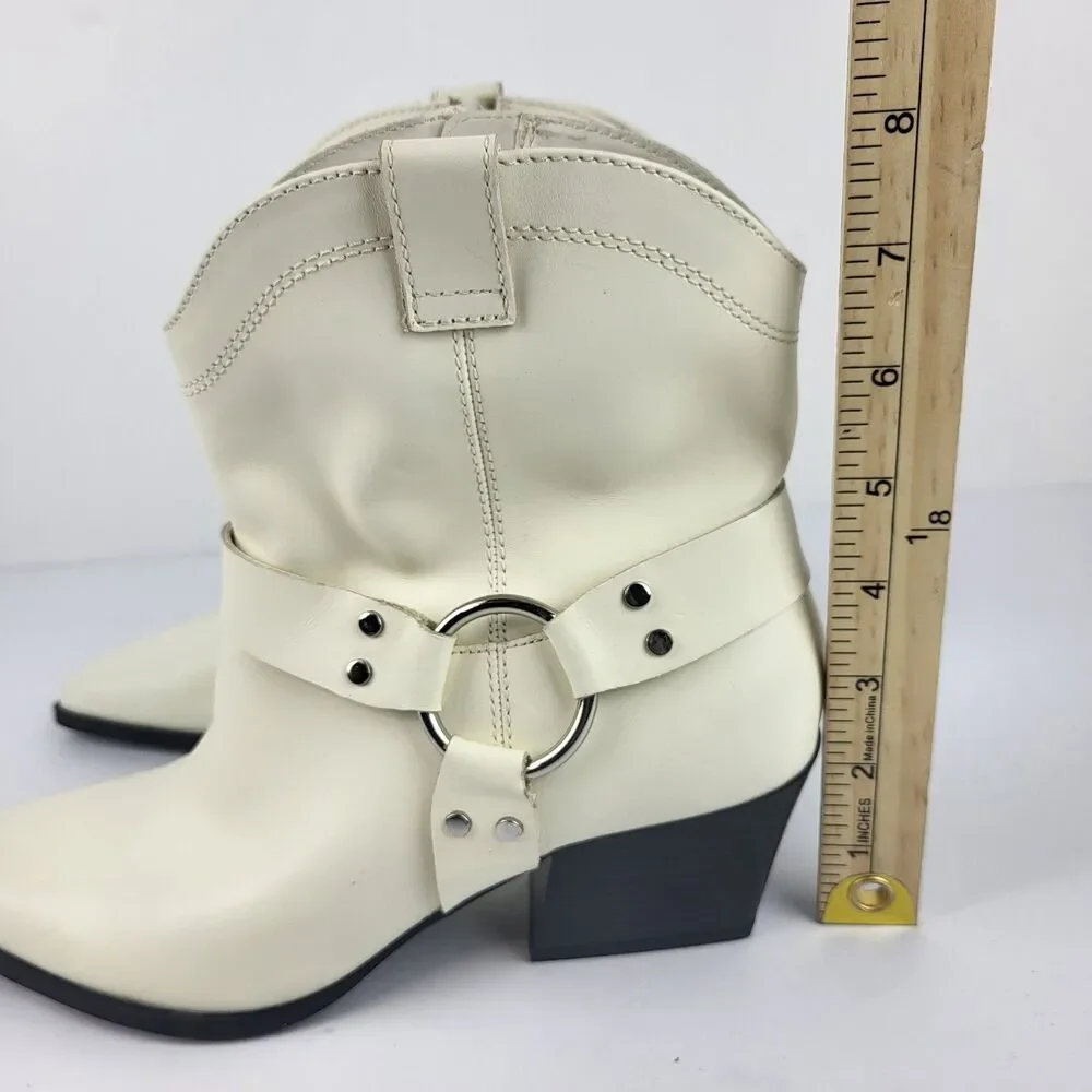 Open Edit Enzo Women's Leather Ankle Boot Ivory Western Bootie Size 8M